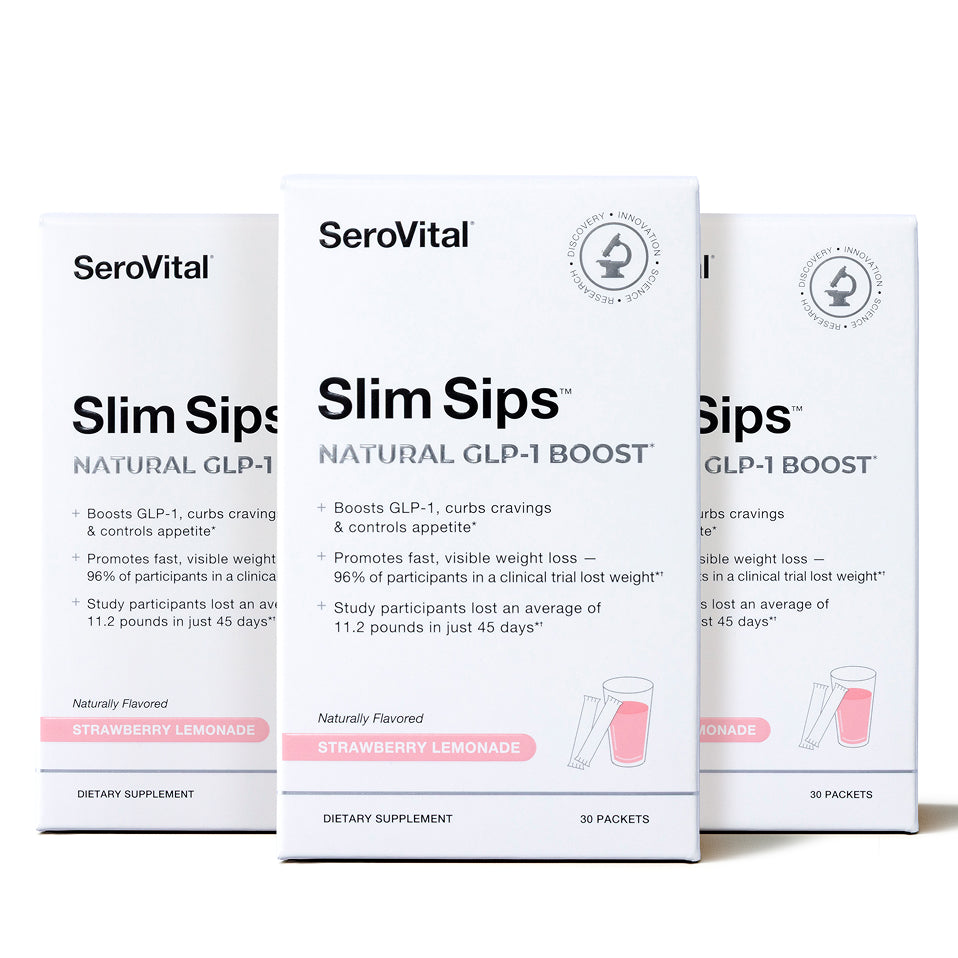 Three boxes of SeroVital Slim Sips on a white background