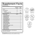 Supplement facts label with icons indicating dairy-free, gluten-free, no added sugars, no artificial colors, and no artificial flavors.