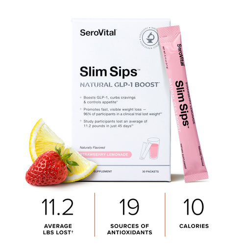 SeroVital Slim Sips packaging with a strawberry lemonade flavor option on a white background