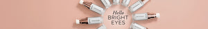 SeroVital Dark Circle Eraser eye cream products arranged around text "Hello BRIGHT EYES" on a light pink background.