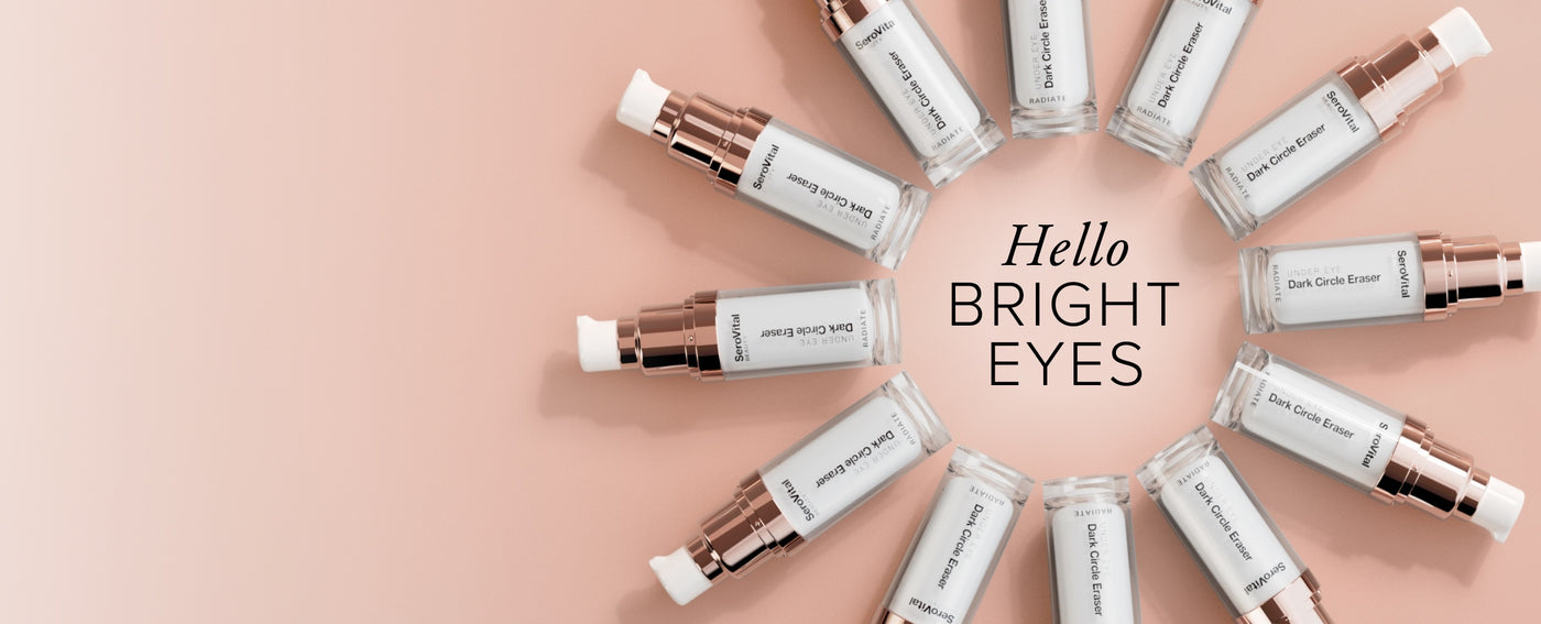 SeroVital Dark Circle Eraser eye cream products arranged around text "Hello BRIGHT EYES" on a light pink background.