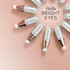 SeroVital Dark Circle Eraser eye cream products arranged around text "Hello BRIGHT EYES" on a light pink background.