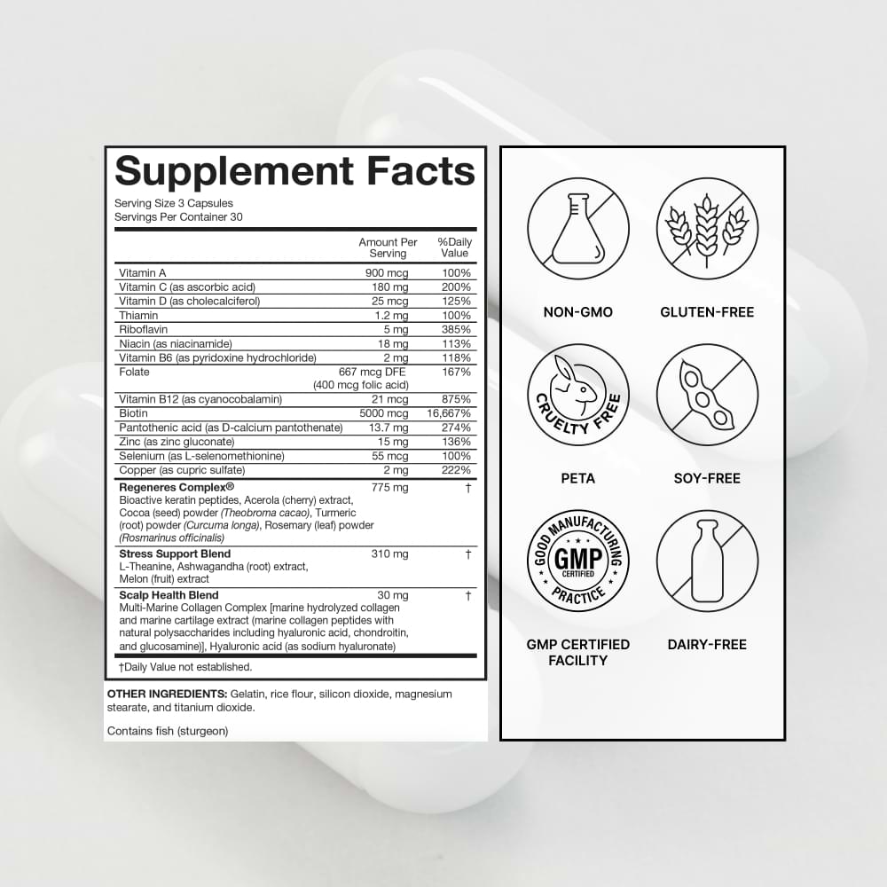 Supplement Facts panel for SeroVital Hair Regeneres Advanced showing ingredients, including the Regeneres Complex, Stress Support Blend, and Scalp Health Blend, along with the high content of Biotin (5000mcg) and Vitamin D (180mg). Certifications listed include Non-GMO, Gluten-Free, Cruelty-Free, Soy-Free, GMP Certified, and Dairy-Free