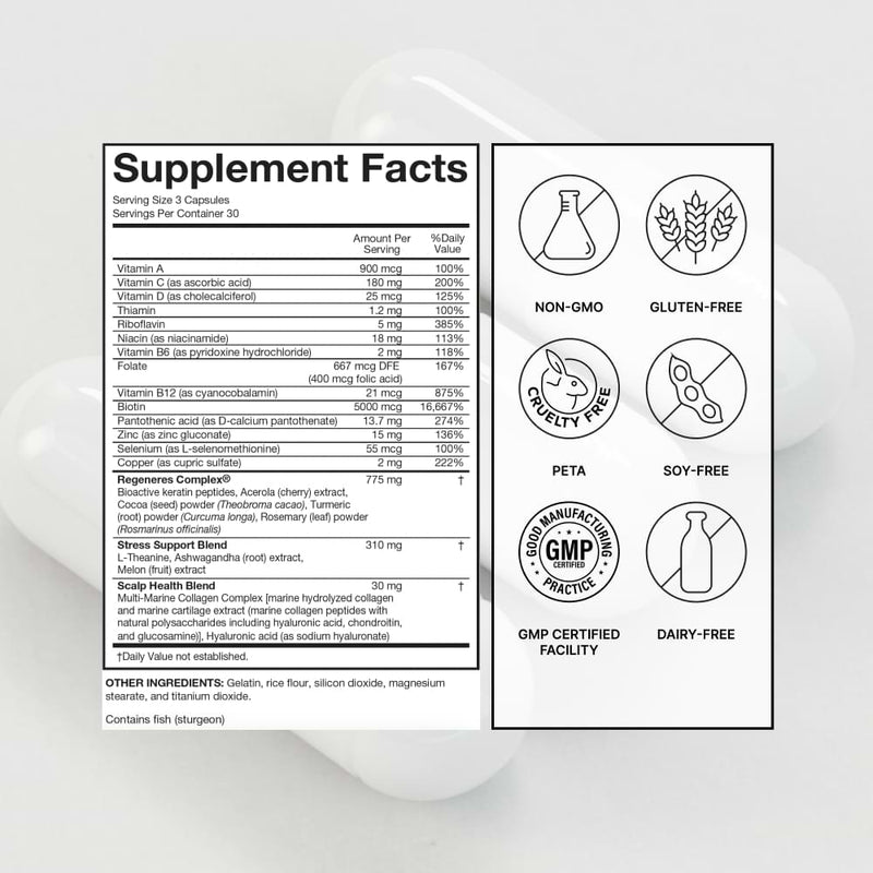 Supplement Facts panel for SeroVital Hair Regeneres Advanced showing ingredients, including the Regeneres Complex, Stress Support Blend, and Scalp Health Blend, along with the high content of Biotin (5000mcg) and Vitamin D (180mg). Certifications listed include Non-GMO, Gluten-Free, Cruelty-Free, Soy-Free, GMP Certified, and Dairy-Free