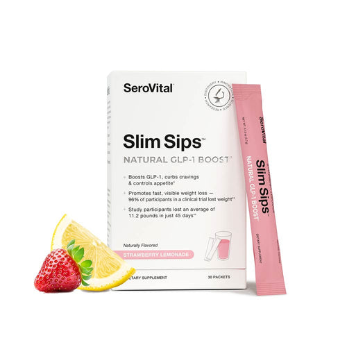 SeroVital Slim Sips packaging with a strawberry lemonade flavor indicator on a white background