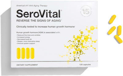A box of HGH booster SeroVital on a white background with a daily serving of 4 capsules being displayed
