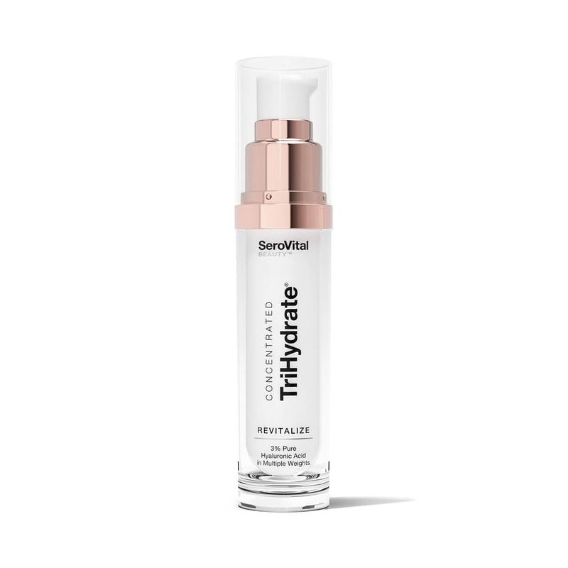 A bottle of skin hydrating formula TriHydrate on a white background