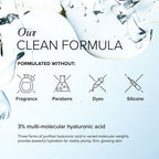 Icons showing this hydrating facial serum is formulated without fragrance, parabens, dyes, and silicone