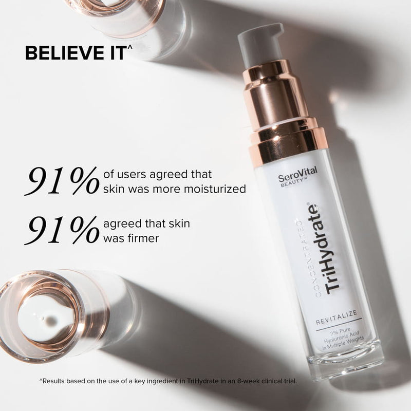 Three tubes of Trihydrate hydration serum with text showing that in an 8-week clinical trial on a key ingredient, 91% of study participants agreed their skin was more moisturized and firmer