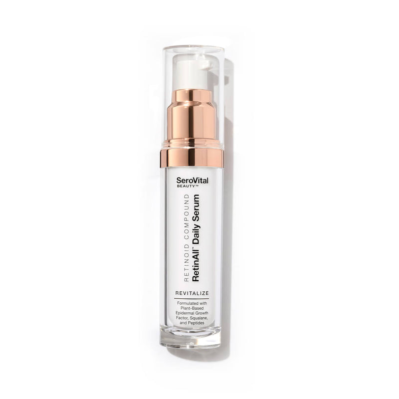 A tube of retinoid formula RetinAll Daily Serum on a white background